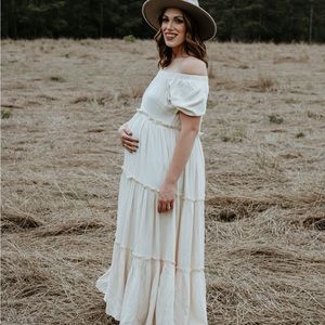 Pink Blush cream tiered off the shoulder maternity dress